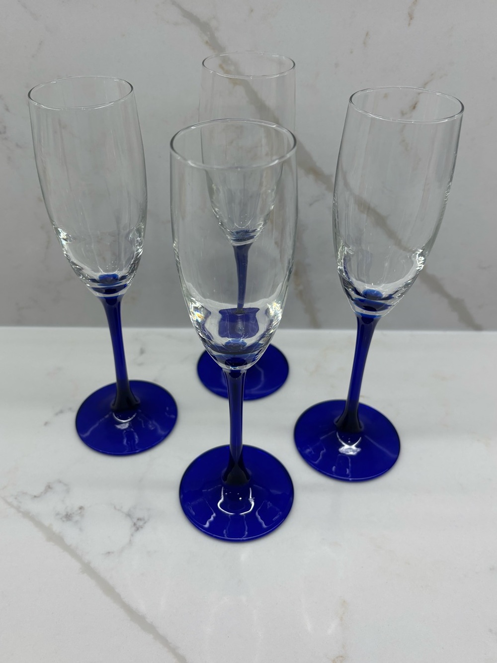 4 Vintage Luminarc France Cobalt Blue Stem Glass Champagne Flutes Glasses